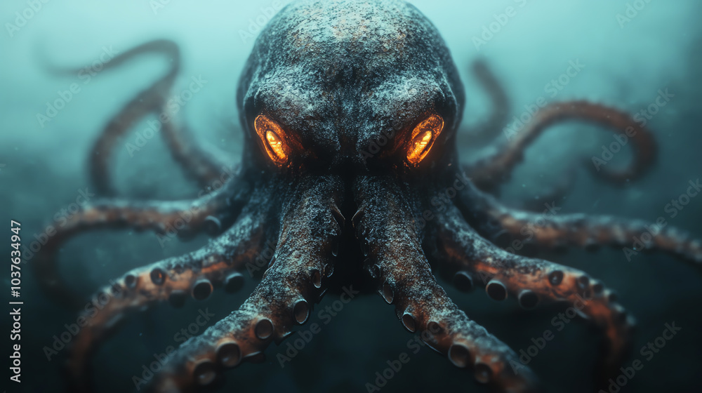 Fototapeta premium A striking close-up of a menacing octopus with glowing eyes, showcasing its intricate textures and tentacles in an underwater environment.