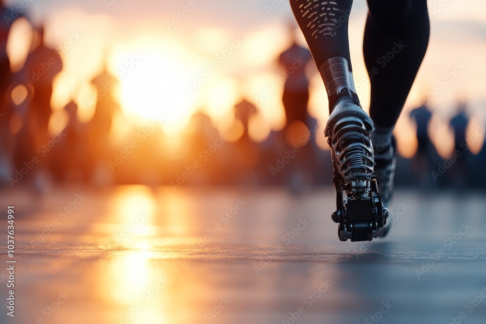 Fototapeta premium A dynamic evening scene featuring a close-up of a prosthetic running blade as an athlete runs towards a vibrant sunset, capturing motion and determination against the horizon.
