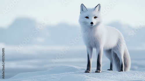 A solitary arctic fox stands gracefully on a snowy landscape, showcasing its beautiful white fur against a soft, wintry backdrop.