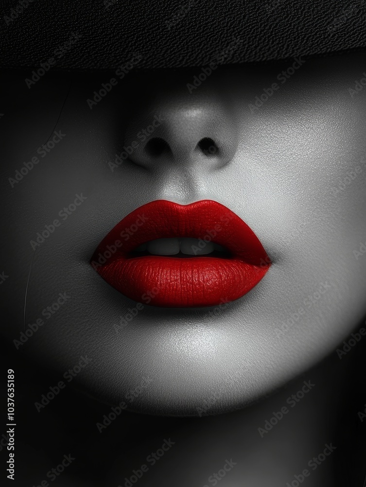 Fototapeta premium Close-up of a woman's red lips in a black and white minimalist style, with the face partially hidden by a hat, creating a bold and fashionable look.