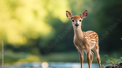 A young fawn standing gracefully by a serene water source, surrounded by lush greenery. Captivating natural beauty captured in soft lighting. photo