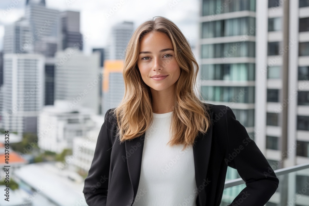 A smiling woman in business attire stands confidently on a high-rise office balcony overlooking a city, representing success and empowerment in a modern business world. A smiling woman in business attire stands confidently on a high-rise office balcony overlooking a city, representing success and empowerment in a modern business world.