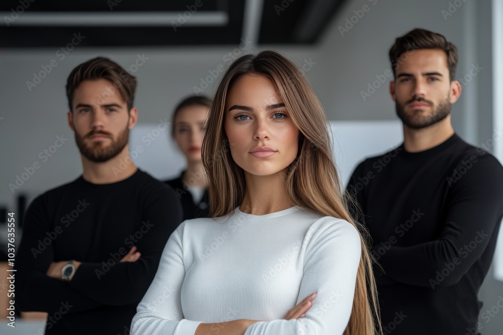 A group of young professionals standing confidently in a modern office, exemplifying teamwork, leadership, and innovation in a contemporary corporate setting. A group of young professionals standing confidently in a modern office, exemplifying teamwork, leadership, and innovation in a contemporary corporate setting.