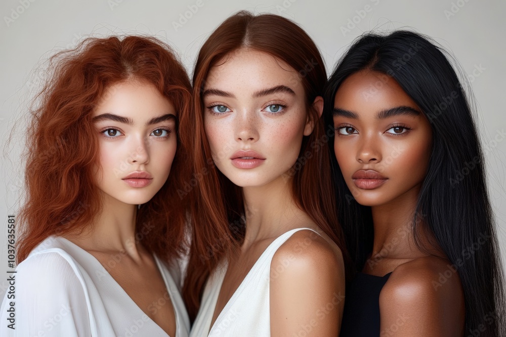 Three young women with distinct hair colors—redhead, brunette, and black hair—pose closely together, showcasing their unique beauty and diversity in a soft lighting setup. Three young women with distinct hair colors—redhead, brunette, and black hair—pose closely together, showcasing their unique beauty and diversity in a soft lighting setup.
