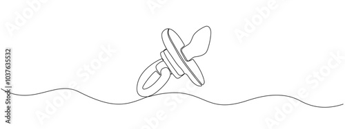 Drawing of baby soother with one continuous line. Baby pacifier in single line art style. Simple editable vector illustration
