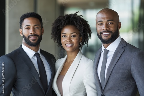 Three confident professionals stand together, smiling warmly in formal business attire, representing teamwork, diversity, and success in a corporate setting.