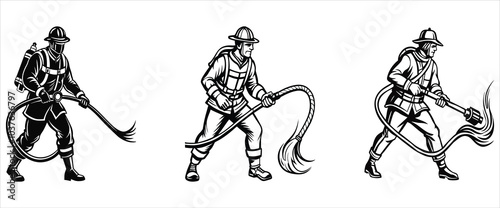 Firefighter in action holding a hose vector silhouette of a person