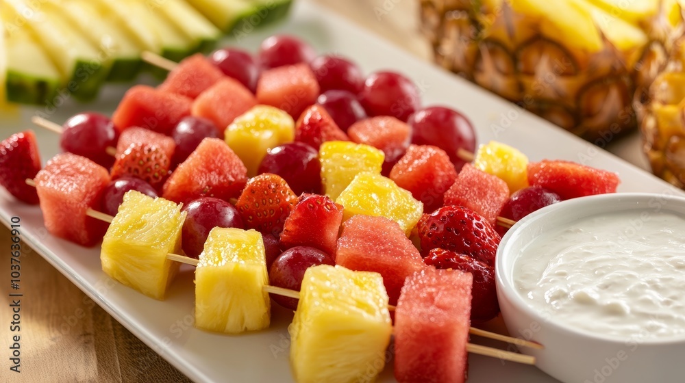 A refreshing platter of assorted fruit skewers featuring watermelon, pineapple, grapes A refreshing platter of assorted fruit skewers featuring watermelon, pineapple, grapes