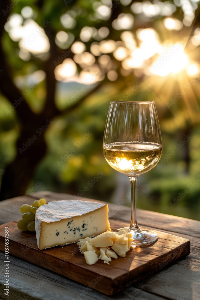 Wine glass on a wooden tray with cheese on an outdoor table Wine glass on a wooden tray with cheese on an outdoor table