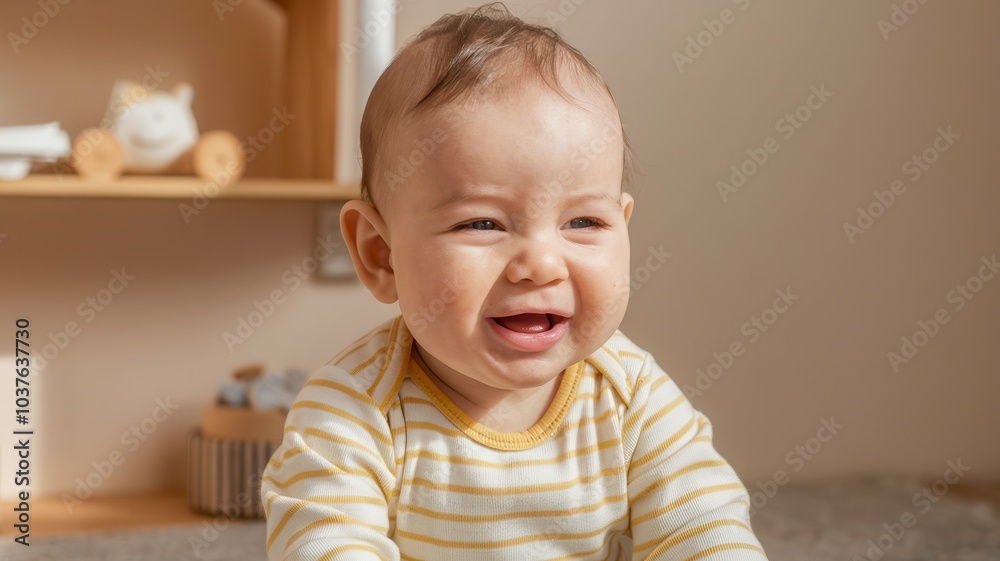 Infant in Yellow and White Striped Onesie with a Slightly Grumpy Expression Indoors Infant in Yellow and White Striped Onesie with a Slightly Grumpy Expression Indoors