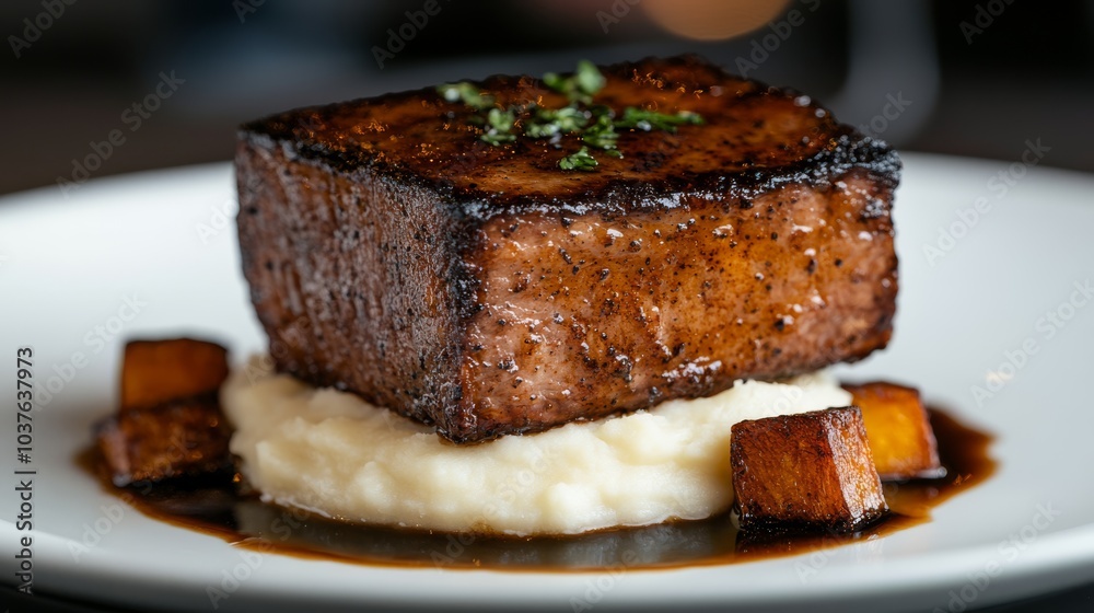 A succulent braised short rib slow-cooked until tender, served with silky mashed potatoes, glazed with rich balsamic demiglace, and paired with roasted root vegetables. A succulent braised short rib slow-cooked until tender, served with silky mashed potatoes, glazed with rich balsamic demiglace, and paired with roasted root vegetables.