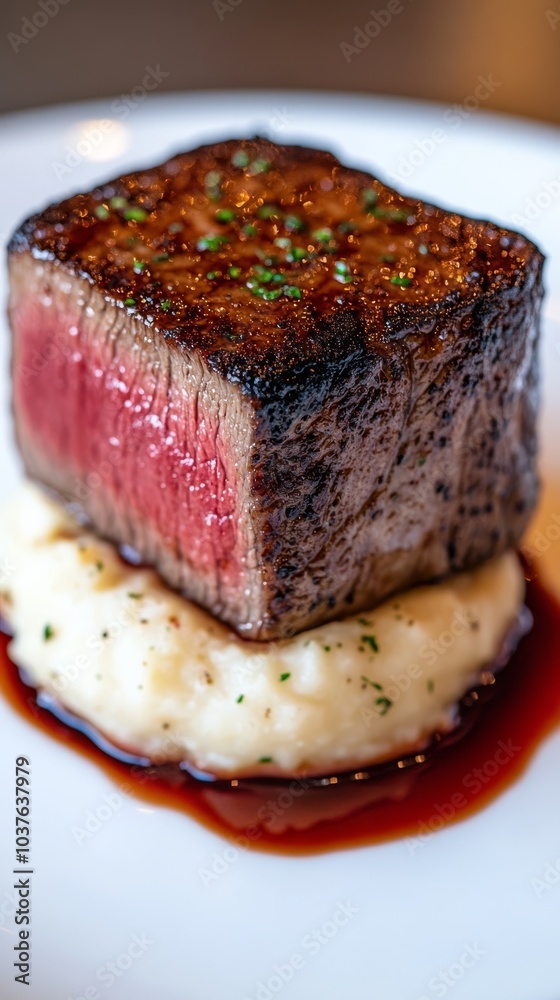 A side angle shot of a perfectly seared steak resting on a bed of garlic mashed potatoes, with rich caramelization on the steak contrasting the smooth creamy texture of the potatoes.