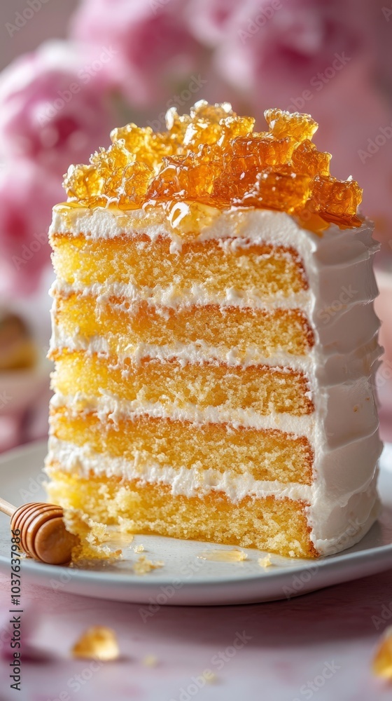 A tall medovik cake sliced to reveal its intricate layers of honey sponge and cream, plated on a sleek white dish against a bold fuchsia background, with honeycomb shards delicately placed. A tall medovik cake sliced to reveal its intricate layers of honey sponge and cream, plated on a sleek white dish against a bold fuchsia background, with honeycomb shards delicately placed.