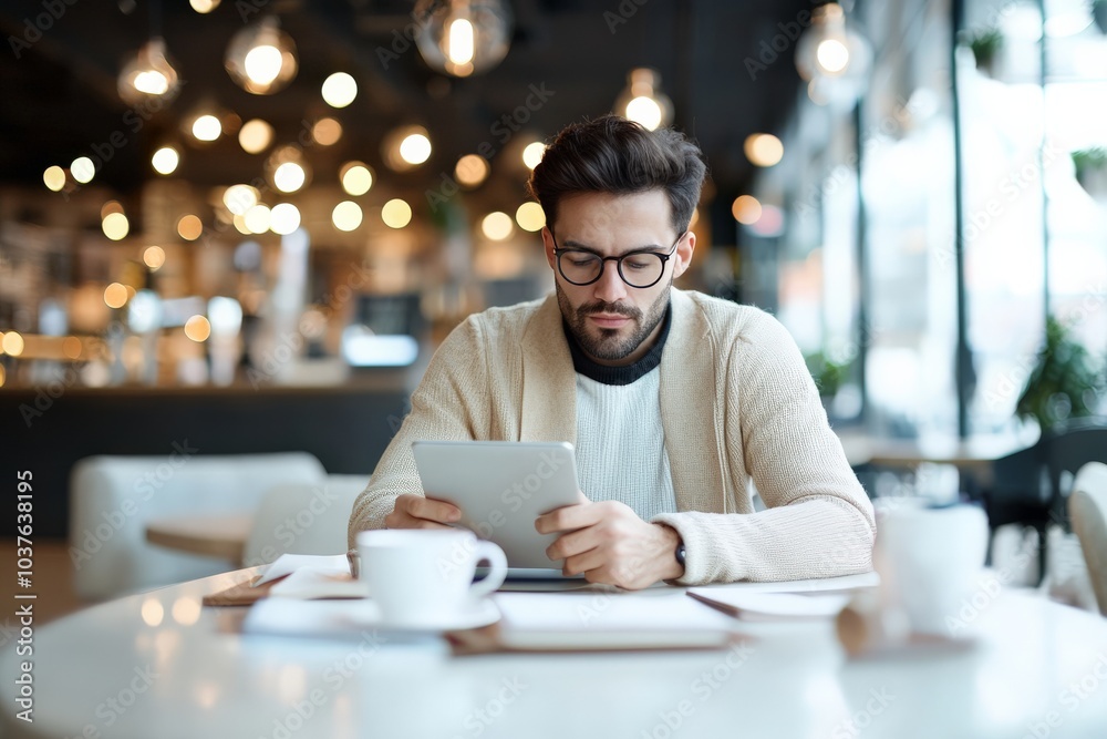 A man in a cozy cafe setting intently views a digital tablet, capturing the essence of modern technology use in relaxing, social environments. A man in a cozy cafe setting intently views a digital tablet, capturing the essence of modern technology use in relaxing, social environments.