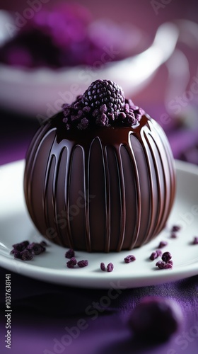 An elegant medovik dome-shaped cake with a smooth glossy honey glaze drizzled over the top, served on a matte white plate against a purple background. photo