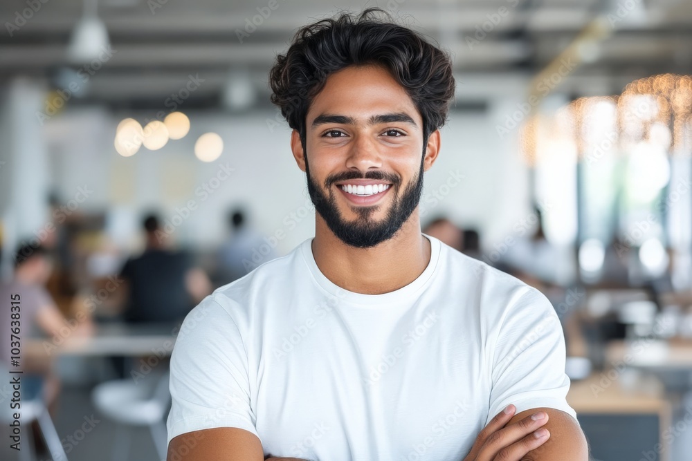 A smiling man with crossed arms stands in a modern office environment, exuding warmth and confidence, representing teamwork and success in business. A smiling man with crossed arms stands in a modern office environment, exuding warmth and confidence, representing teamwork and success in business.