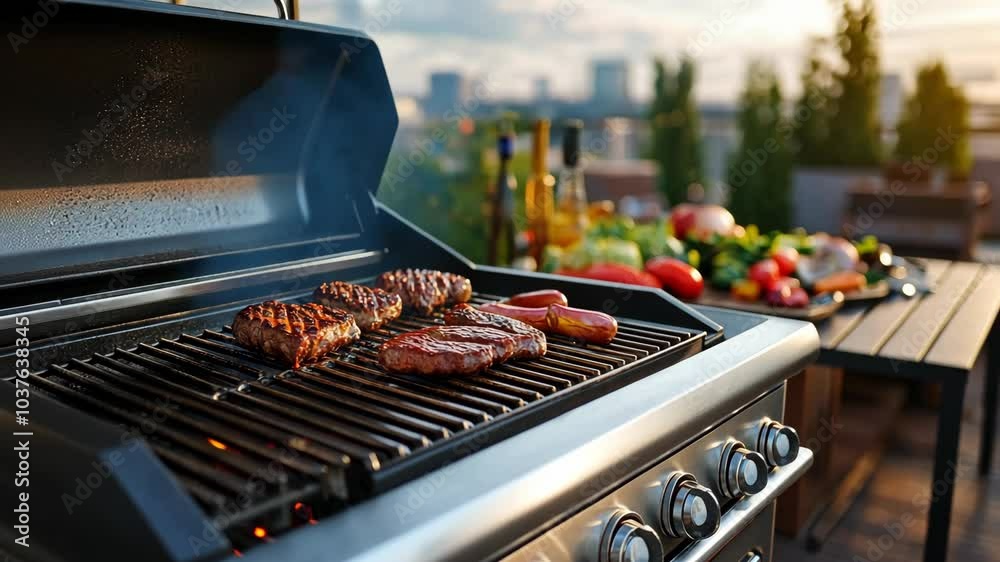 Burgers and hot dogs are grilling on an outdoor grill on a rooftop patio