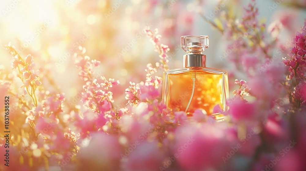 A glass bottle of perfume sits in a field of pink flowers with a sun shining through the background. A glass bottle of perfume sits in a field of pink flowers with a sun shining through the background.