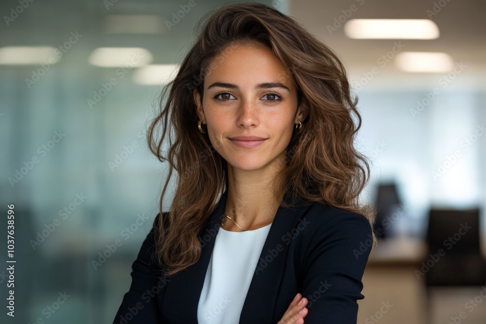 A confident businesswoman stands in a modern office setting with crossed arms, portraying leadership, success, and professionalism in a contemporary workspace. A confident businesswoman stands in a modern office setting with crossed arms, portraying leadership, success, and professionalism in a contemporary workspace.