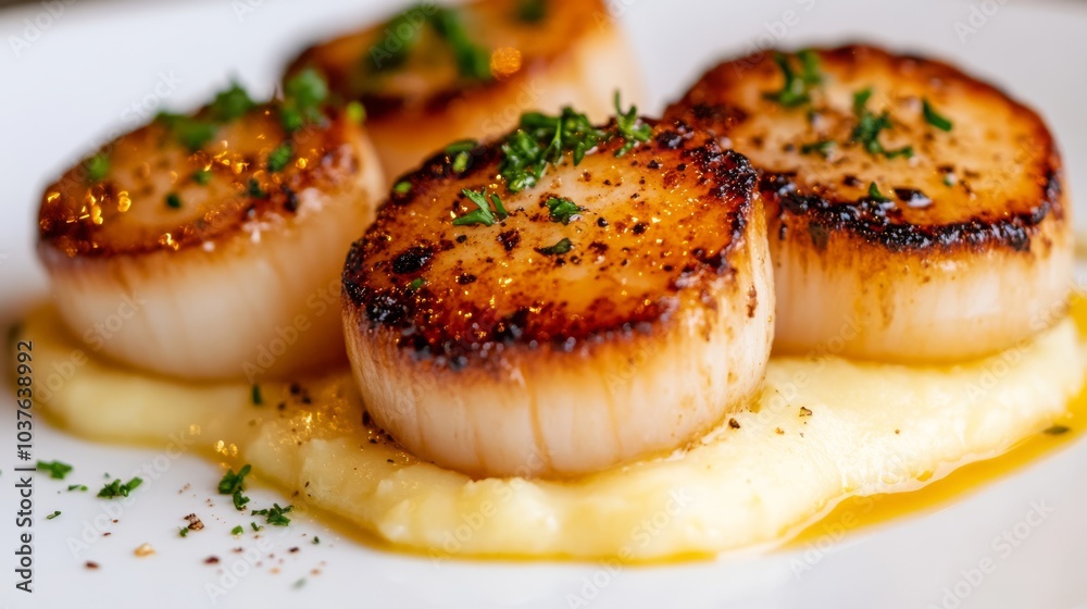 A pan-seared scallops dish with classic beurre blanc sauce made from butter, white wine, and shallots, accompanied by creamy leek and potato purée. A pan-seared scallops dish with classic beurre blanc sauce made from butter, white wine, and shallots, accompanied by creamy leek and potato purée.