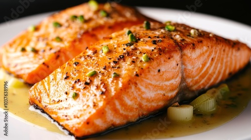 A pistachio-crusted salmon fillet served on a bed of braised fennel and leeks with tangy lemon béurre blanc sauce, the crunchy pistachios adding texture and contrast.