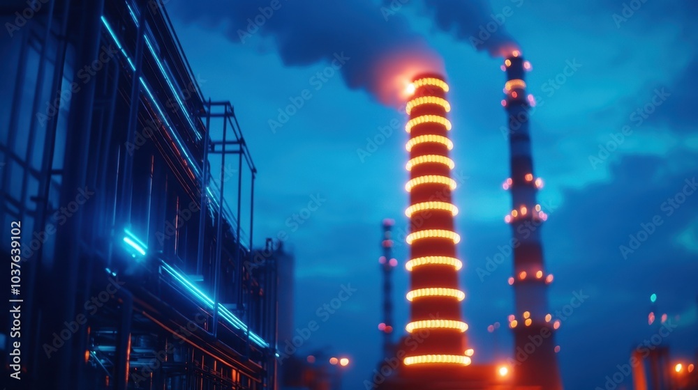 Obraz premium Illuminated industrial pipes at night with smoke.
