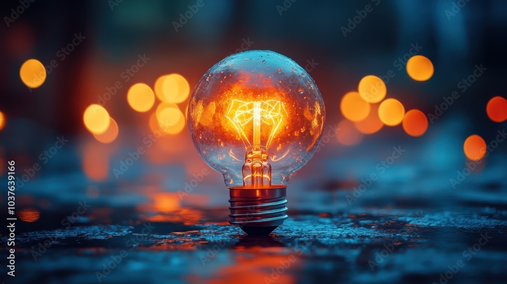 Illuminated light bulb on wet surface with bokeh background. Creativity and inspiration concept. Illuminated light bulb on wet surface with bokeh background. Creativity and inspiration concept.