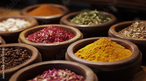 Assortment of Spices in Wooden Bowls