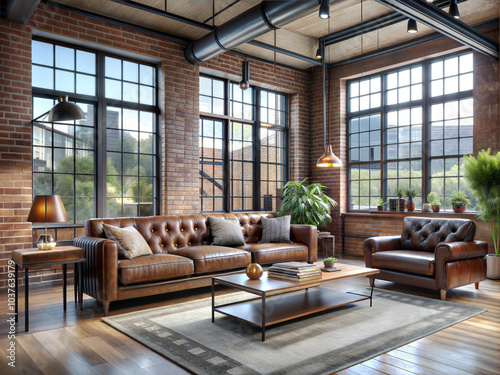 An industrial-chic living room in an urban loft setting