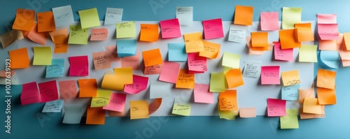 Variety of colorful sticky notes on a board.