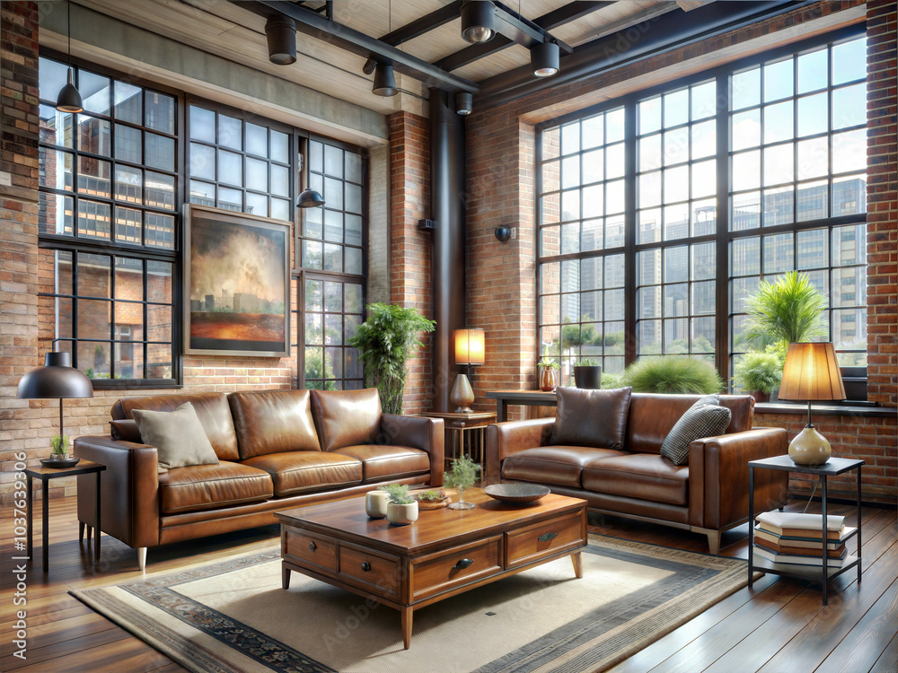 An industrial-chic living room in an urban loft setting An industrial-chic living room in an urban loft setting