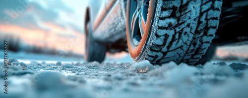 Car tire on snowy road during sunset. Close-up winter driving safety concept.