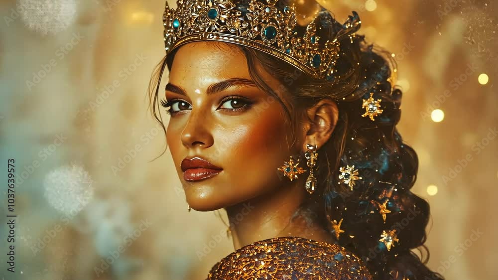 A woman with a golden crown looks to the side, her dark hair adorned with stars