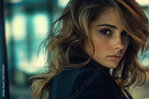 Close-Up of Posed Business Woman with Wavy Hair in Modern Style and Natural Lighting