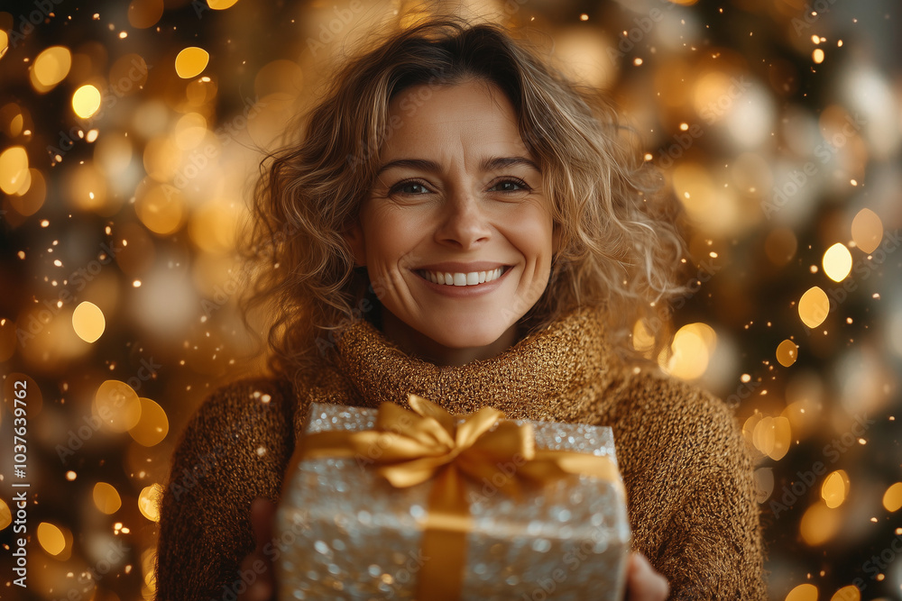 Happy woman holding Christmas present smiling in front of Christmas tree lights. Holiday cheer and gift giving. Happy woman holding Christmas present smiling in front of Christmas tree lights. Holiday cheer and gift giving.