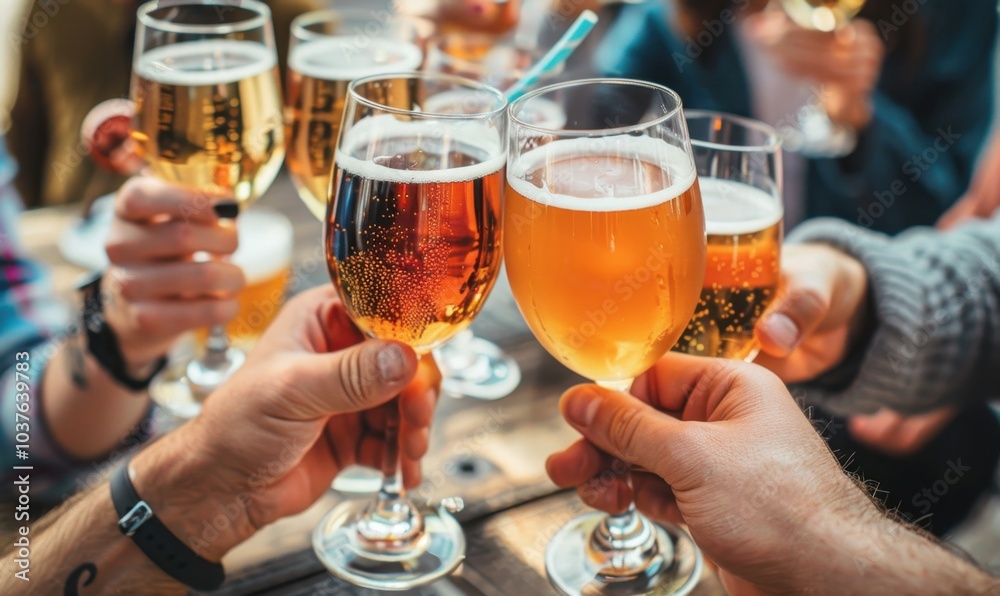 Group of friends toasting with glasses of beer at a table. Social gathering and celebration concept. Group of friends toasting with glasses of beer at a table. Social gathering and celebration concept.
