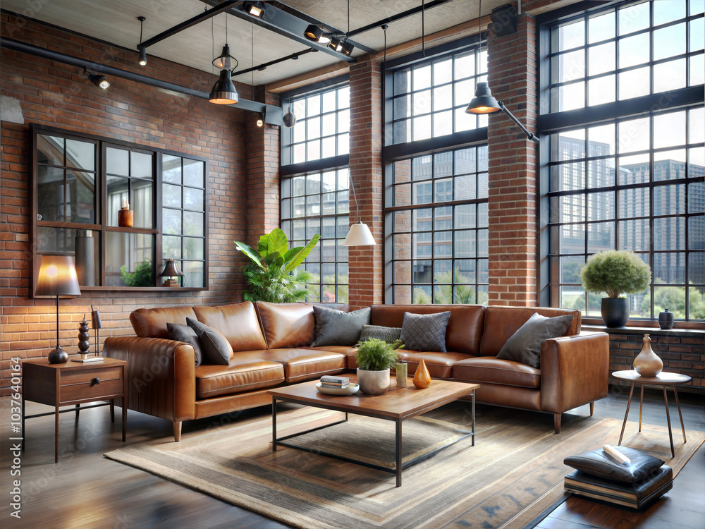 An industrial-chic living room in an urban loft setting An industrial-chic living room in an urban loft setting