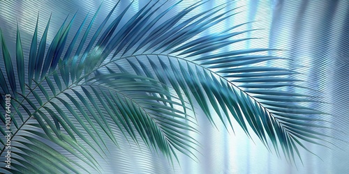 Green palm with reeded glass. White Reeded Glass. Zen-inspired empty design with realistic blank space. Ribbed Background. Summer concept with blurred luxury wall. Plant leaves.