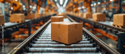 A single cardboard box moves along a conveyor belt in a warehouse.