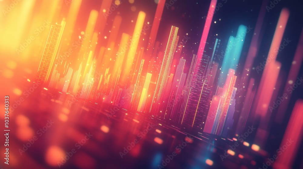 Fototapeta premium Futuristic cityscape with neon lights and skyscrapers. Digital art illustration for cyber and technology concept