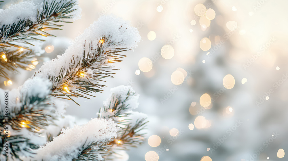 Close-up image of green snow covered fir branches with garland Close-up image of green snow covered fir branches with garland