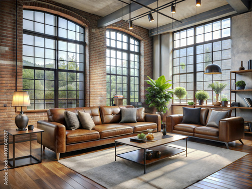 An industrial-chic living room in an urban loft setting