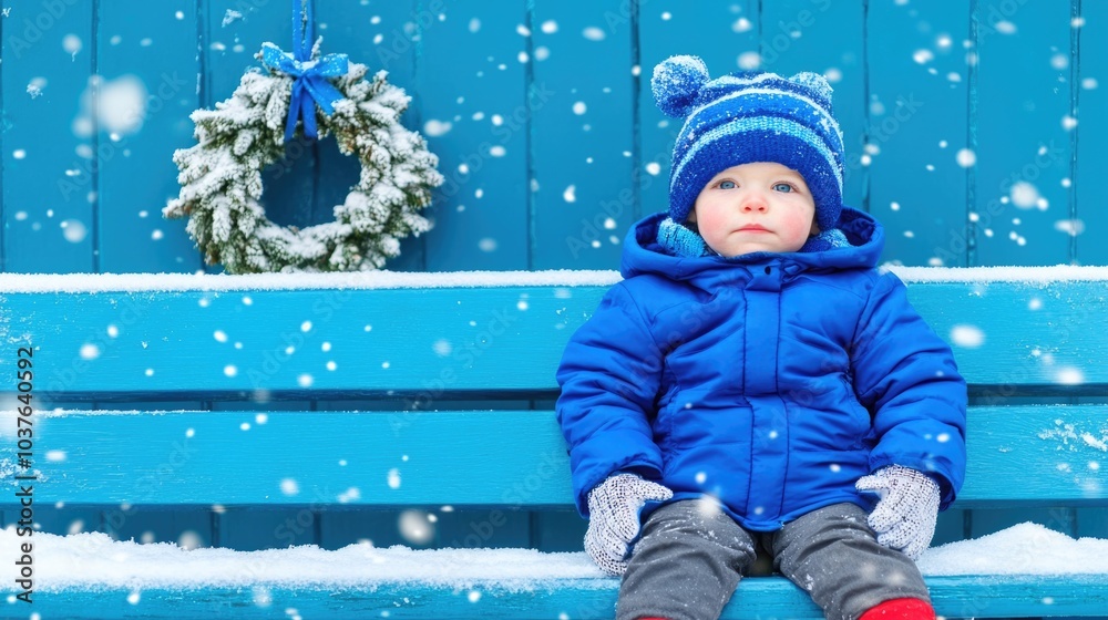 Winter wonderland: child in blue coat and hat sitting on snowy bench