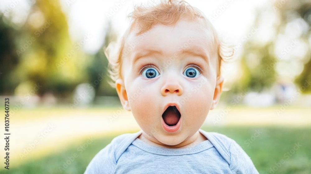 Adorable baby with surprised expression in sunny park setting Adorable baby with surprised expression in sunny park setting