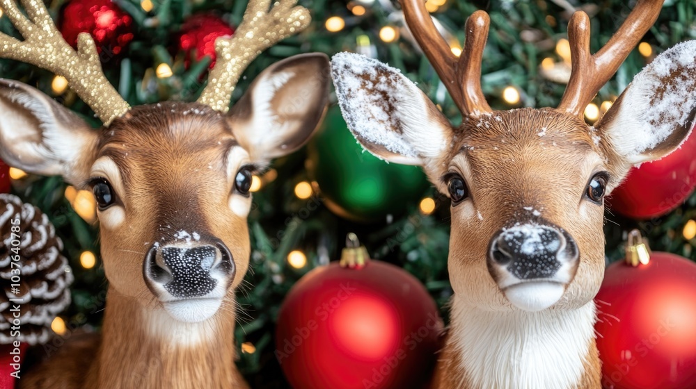 Festive reindeer figures with ornaments and twinkling christmas lights Festive reindeer figures with ornaments and twinkling christmas lights