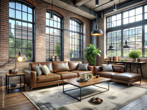 An industrial-chic living room in an urban loft setting