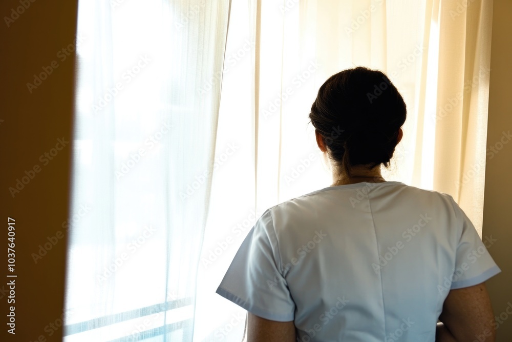 Nurse reflecting by sunlit window in thoughtful moment of solitude Nurse reflecting by sunlit window in thoughtful moment of solitude