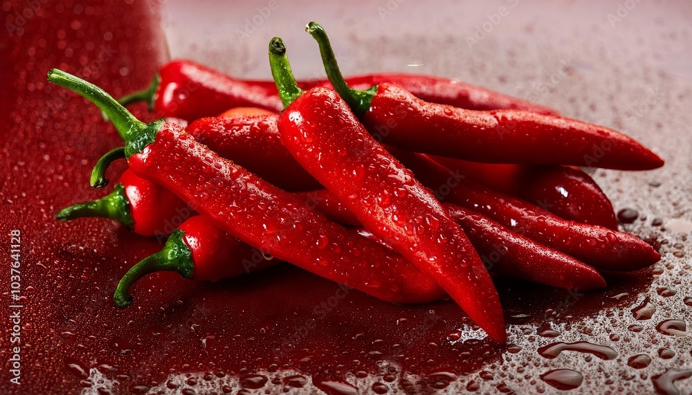 A vibrant pile of fresh red chili peppers adorned with glistening water droplets, showcasing their freshness in advertising photography A vibrant pile of fresh red chili peppers adorned with glistening water droplets, showcasing their freshness in advertising photography