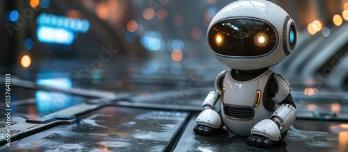 A small white robot with glowing eyes sits on a futuristic surface.