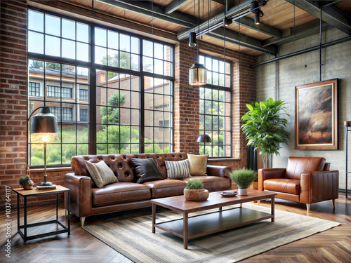 An industrial-chic living room in an urban loft setting